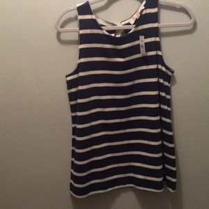 Loft navy striped knit top with tie back.
